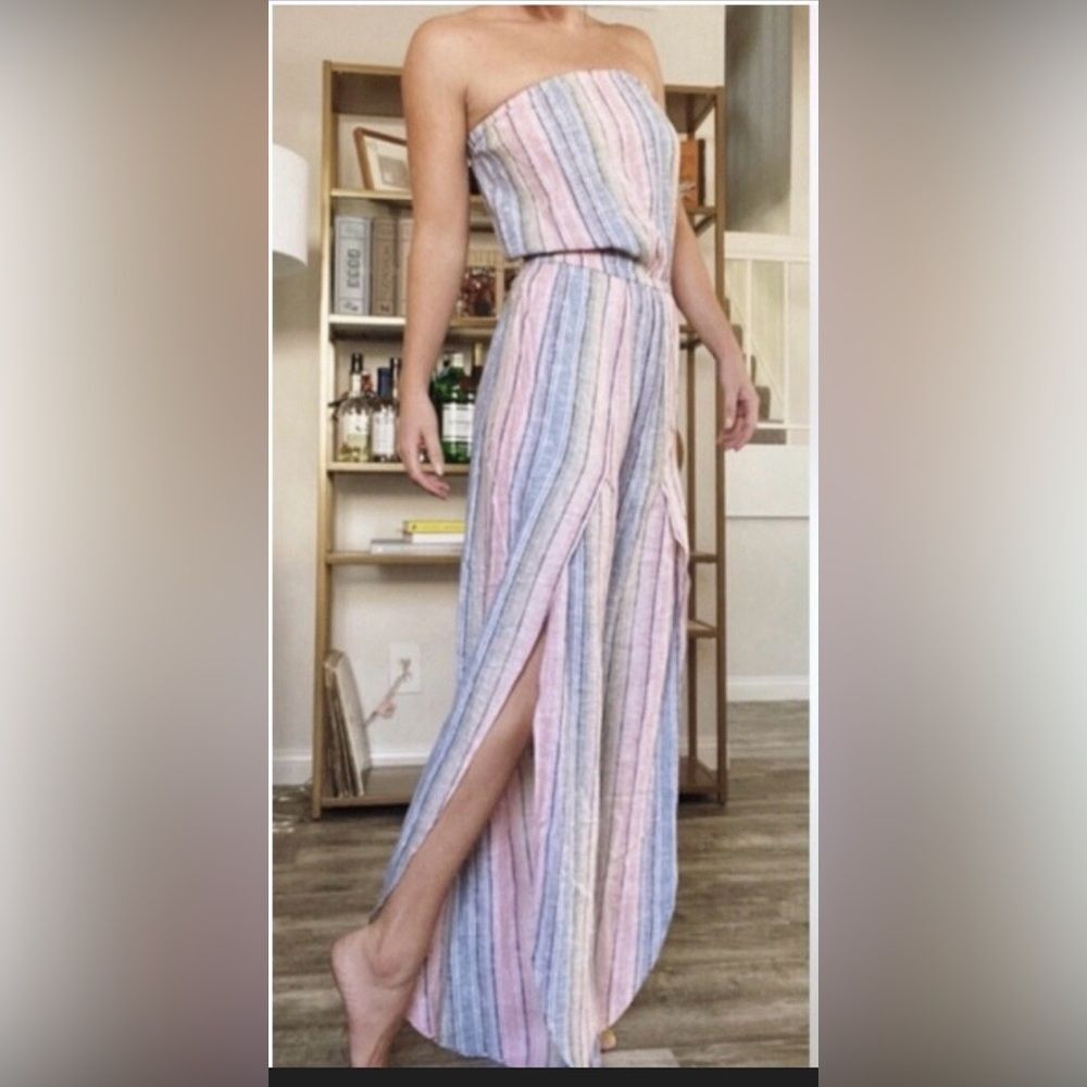 Drew Anthropologie Strapless Jumpsuit Pastel Stripe Split Leg Linen Blend XS